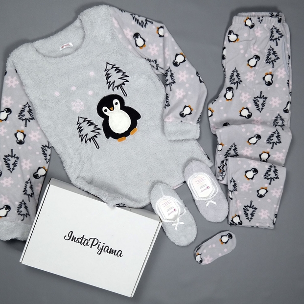 Penguen Desenli Peluş Bayan Pijama Takımı - 1