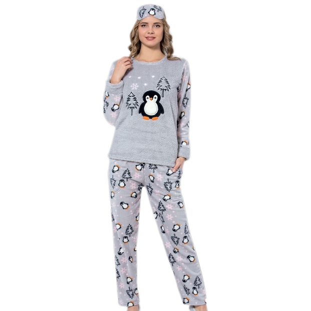 Penguen Desenli Peluş Bayan Pijama Takımı - 2