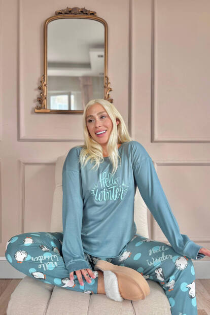 Penguen Winter Desenli Termal Kadın Pijama Takımı - 3