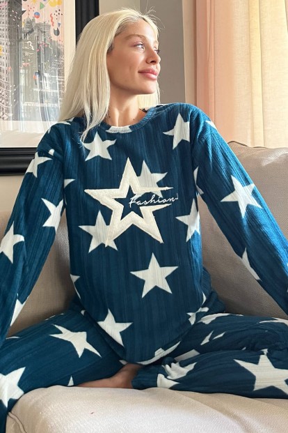 Petrol Biggest Star Desenli Peluş Polar Pijama Takımı - 1