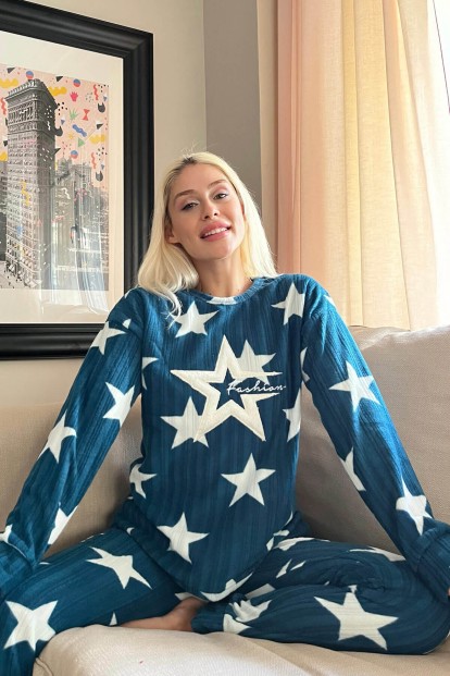 Petrol Biggest Star Desenli Peluş Polar Pijama Takımı - 3