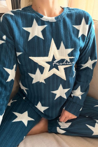 Petrol Biggest Star Desenli Peluş Polar Pijama Takımı - 4