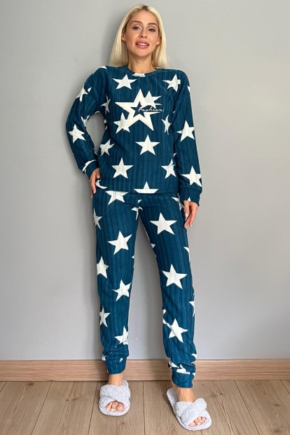Petrol Biggest Star Desenli Peluş Polar Pijama Takımı - 5