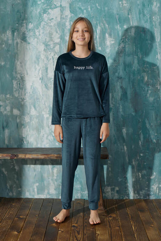 Petrol Happy Life Desenli Exclusive Kadife Kız Çocuk Pijama Takımı  - Pijamaevi (1)