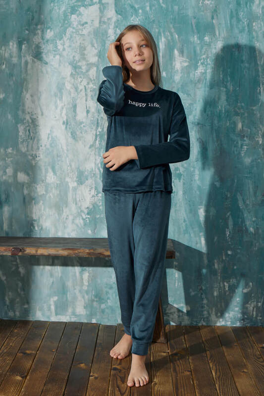 Petrol Happy Life Desenli Exclusive Kadife Kız Çocuk Pijama Takımı  - Pijamaevi (2)
