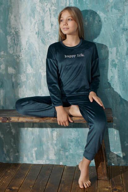 Petrol Happy Life Desenli Exclusive Kadife Kız Çocuk Pijama Takımı  - 5