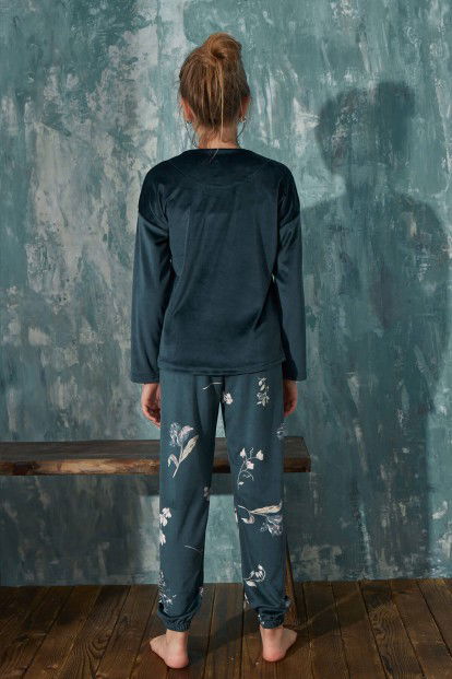 Petrol Life Desenli Exclusive Kadife Kız Çocuk Pijama Takımı  - 5