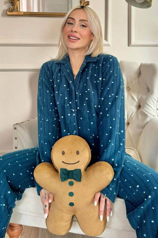 Petrol Lune Desenli Önden Düğmeli Peluş Polar Pijama Takımı - Pijamaevi