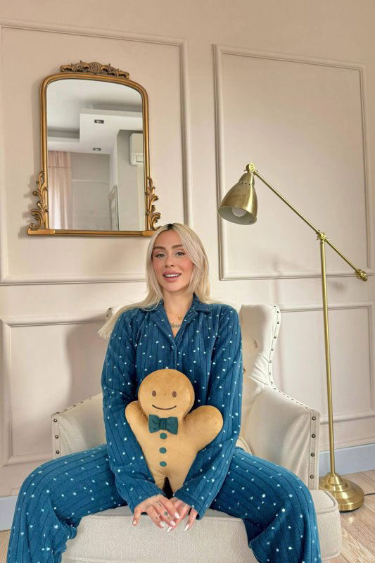 Petrol Lune Desenli Önden Düğmeli Peluş Polar Pijama Takımı - Pijamaevi (2)