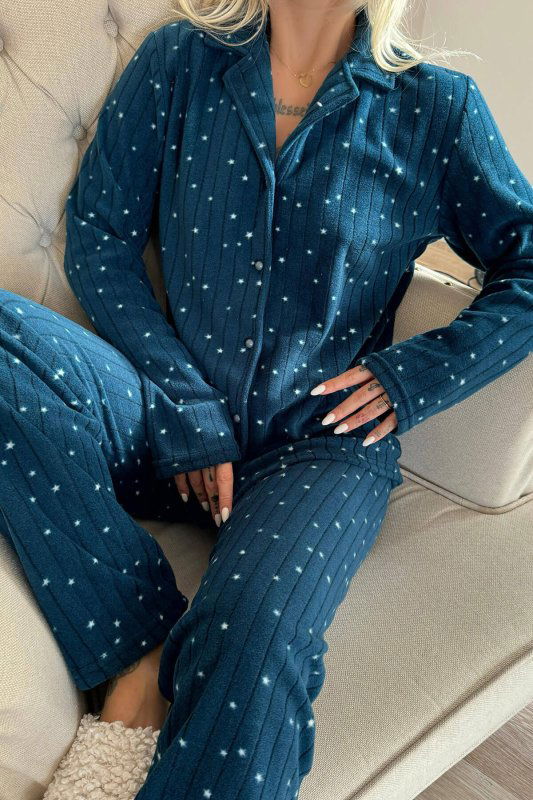 Petrol Lune Desenli Önden Düğmeli Peluş Polar Pijama Takımı - Pijamaevi (3)