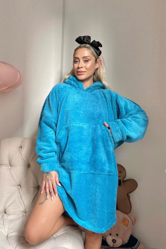 Petrol Mavi Kapşonlu Tam Peluş Oversize Sweat Panço Pijama - Pijamaevi (2)