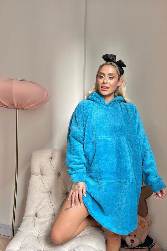 Petrol Mavi Kapşonlu Tam Peluş Oversize Sweat Panço Pijama - Pijamaevi (3)