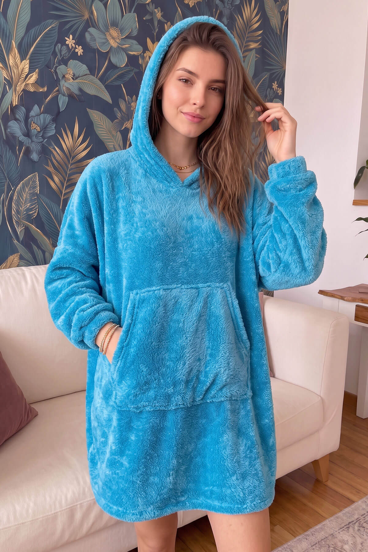 Petrol Mavi Kapşonlu Tam Peluş Oversize Sweat Panço Pijama - Pijamaevi