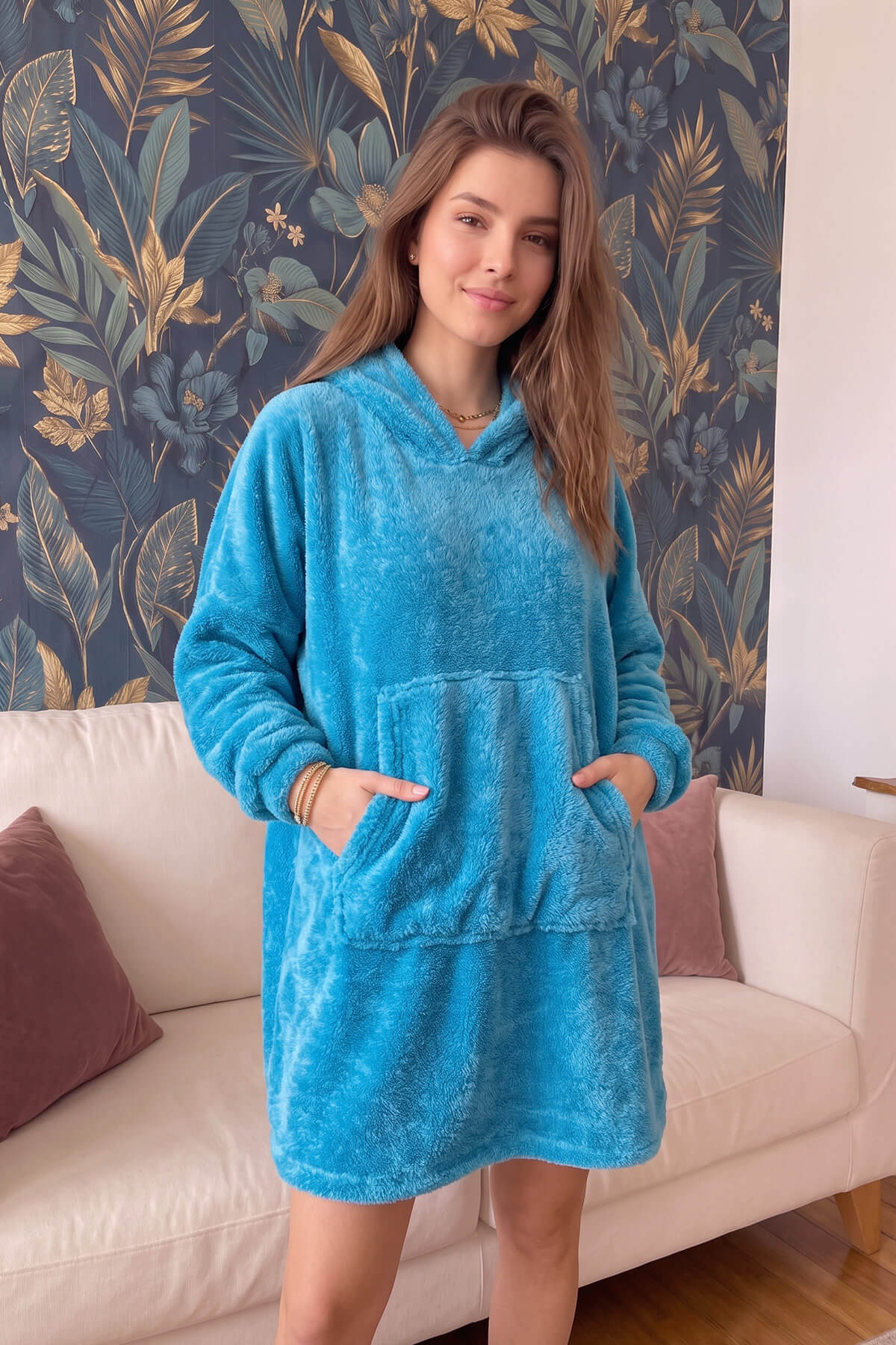 Petrol Mavi Kapşonlu Tam Peluş Oversize Sweat Panço Pijama - Pijamaevi (1)