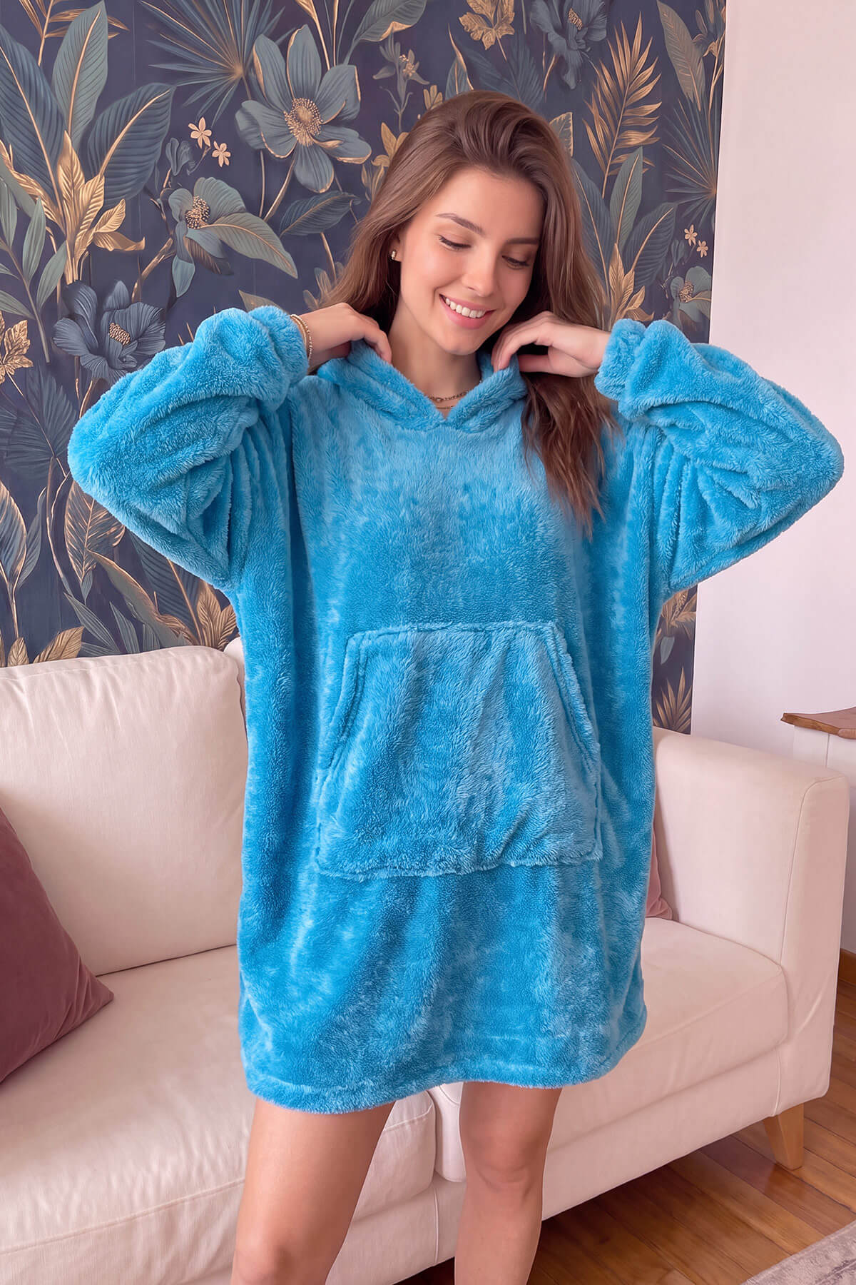 Petrol Mavi Kapşonlu Tam Peluş Oversize Sweat Panço Pijama - Pijamaevi (2)