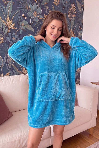 Petrol Mavi Kapşonlu Tam Peluş Oversize Sweat Panço Pijama - 3