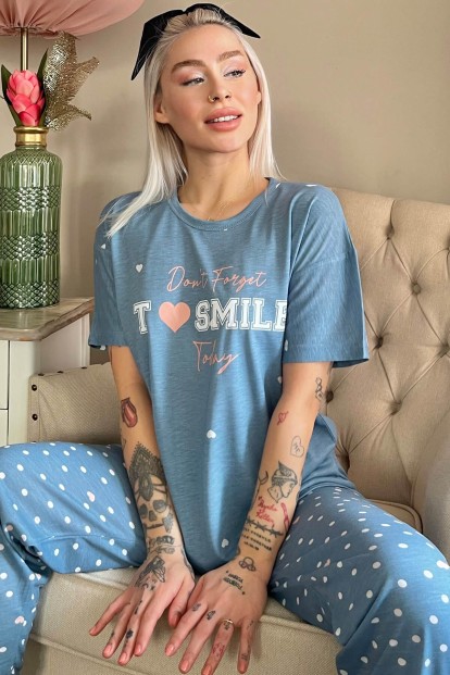 Petrol Mavisi Smile Baskılı Örme Kısa Kollu Kadın Pijama Takımı - 1