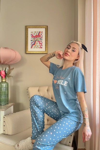 Petrol Mavisi Smile Baskılı Örme Kısa Kollu Kadın Pijama Takımı - 2