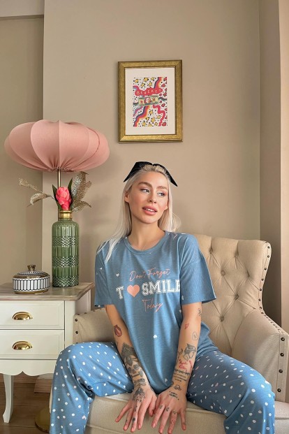 Petrol Mavisi Smile Baskılı Örme Kısa Kollu Kadın Pijama Takımı - 3