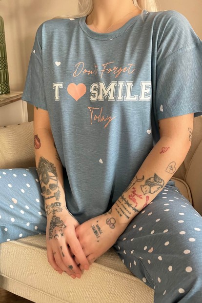 Petrol Mavisi Smile Baskılı Örme Kısa Kollu Kadın Pijama Takımı - 4