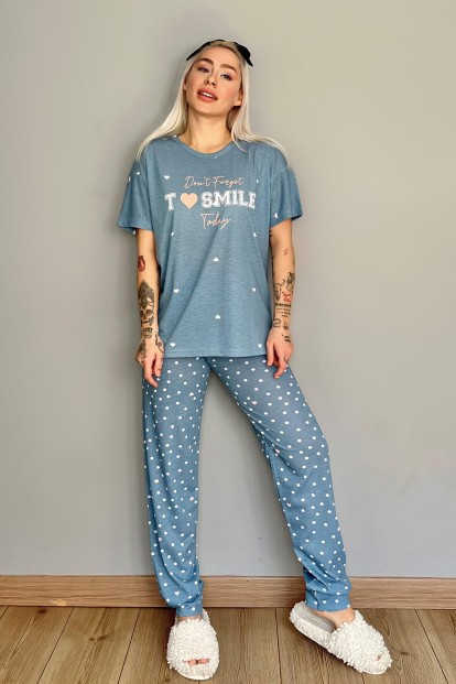 Petrol Mavisi Smile Baskılı Örme Kısa Kollu Kadın Pijama Takımı - 5