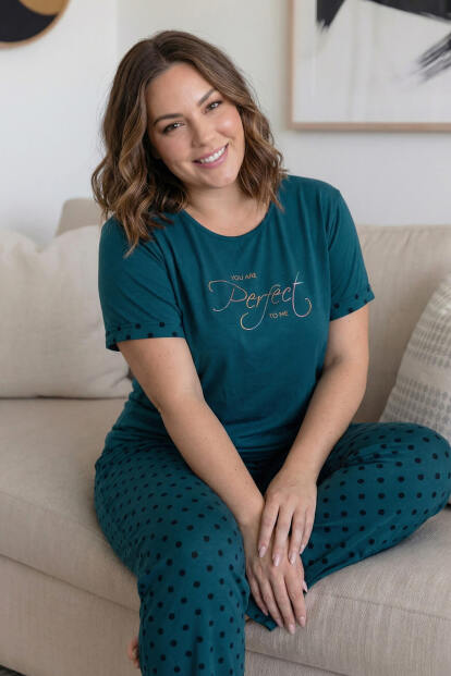 Petrol Perfect Desenli Büyük Beden Battal Bambu Kısa Kol Kadın Pijama Takımı - 3