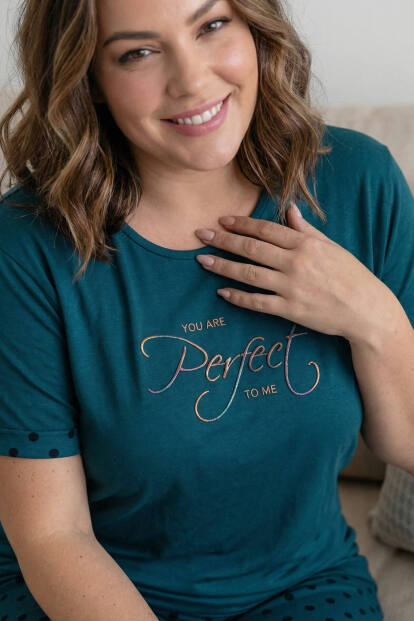 Petrol Perfect Desenli Büyük Beden Battal Bambu Kısa Kol Kadın Pijama Takımı - 4