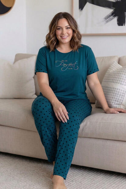Petrol Perfect Desenli Büyük Beden Battal Bambu Kısa Kol Kadın Pijama Takımı - 5