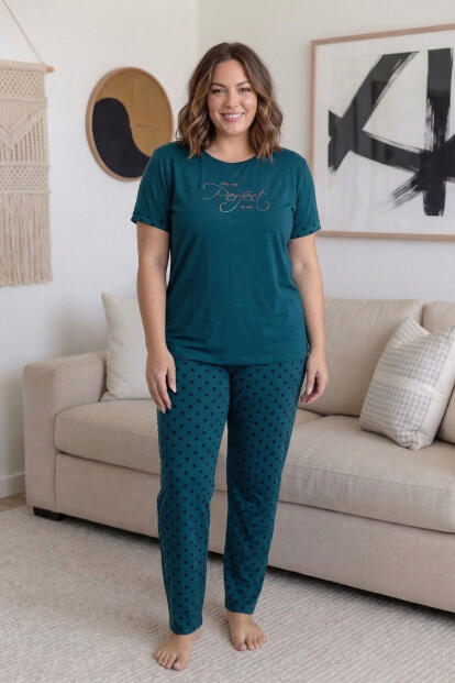 Petrol Perfect Desenli Büyük Beden Battal Bambu Kısa Kol Kadın Pijama Takımı - 6