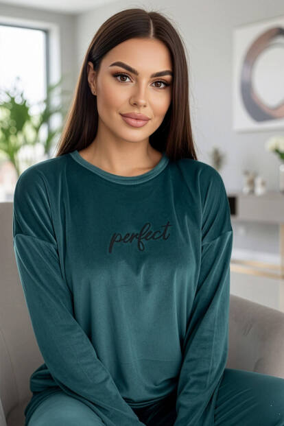 Petrol Perfect Desenli Exclusive Kadife Kadın Pijama Takımı  - 1