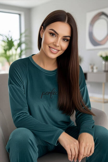 Petrol Perfect Desenli Exclusive Kadife Kadın Pijama Takımı  - 2