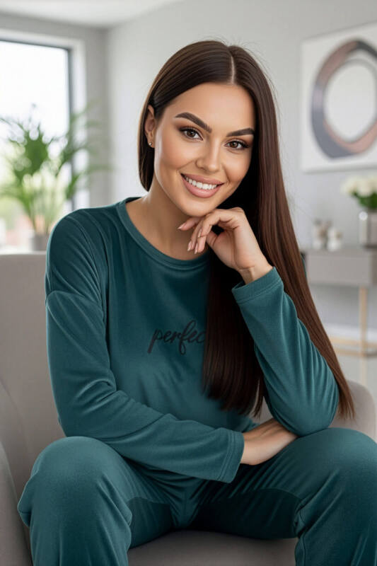 Petrol Perfect Desenli Exclusive Kadife Kadın Pijama Takımı  - Pijamaevi (2)