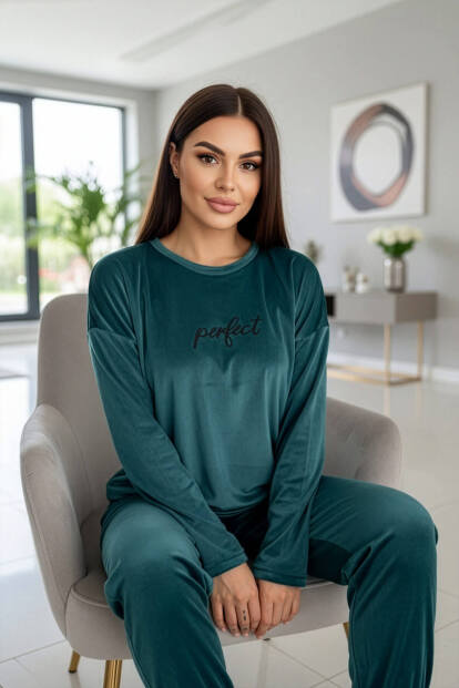 Petrol Perfect Desenli Exclusive Kadife Kadın Pijama Takımı  - 4