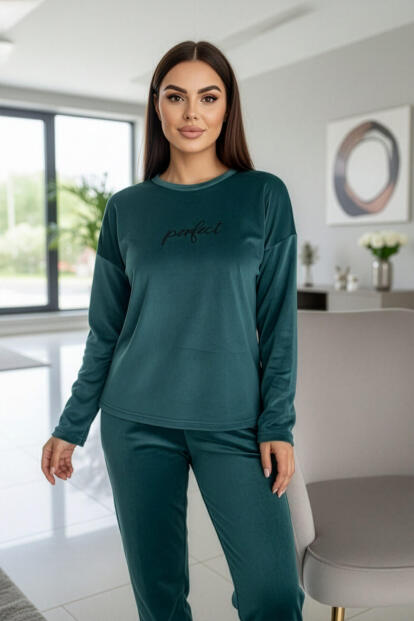 Petrol Perfect Desenli Exclusive Kadife Kadın Pijama Takımı  - 5