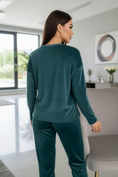 Petrol Perfect Desenli Exclusive Kadife Kadın Pijama Takımı  - 6