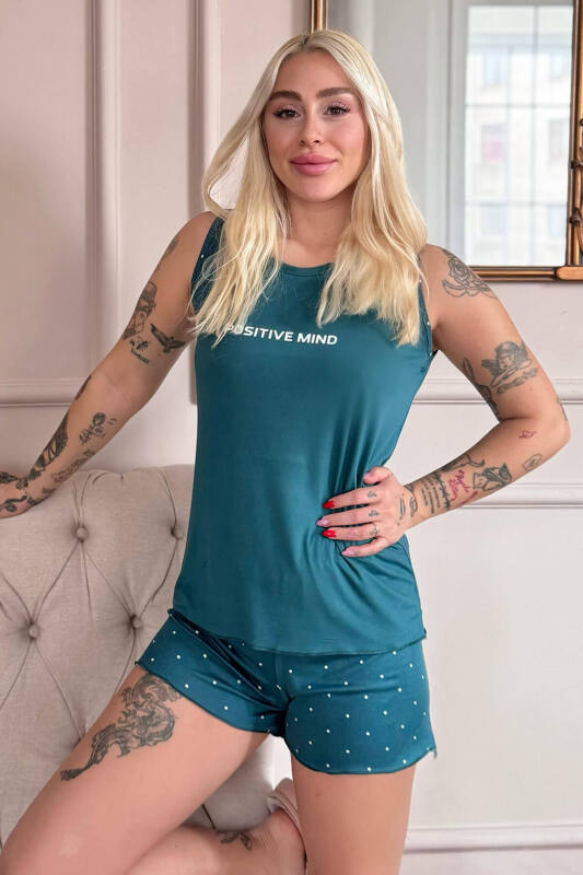 Petrol Positive Mind Desenli Bambu Sıfır Kol Şortlu Kadın Pijama Takımı - Pijamaevi