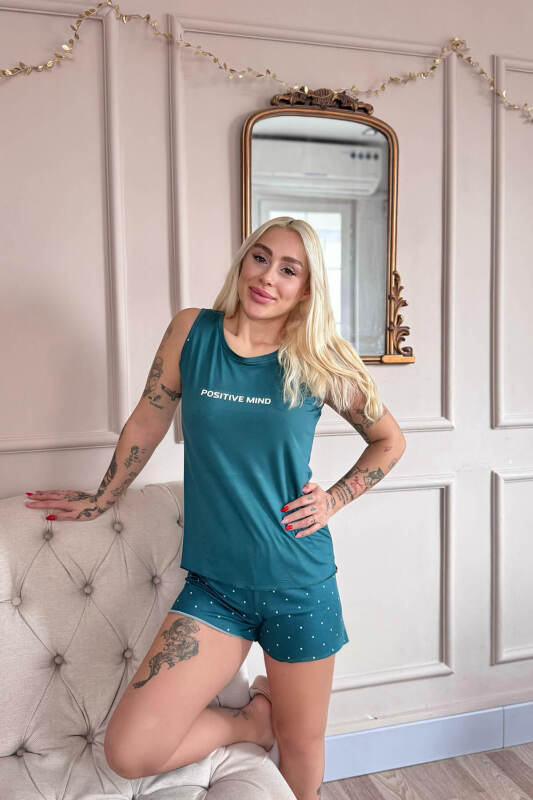 Petrol Positive Mind Desenli Bambu Sıfır Kol Şortlu Kadın Pijama Takımı - Pijamaevi (2)