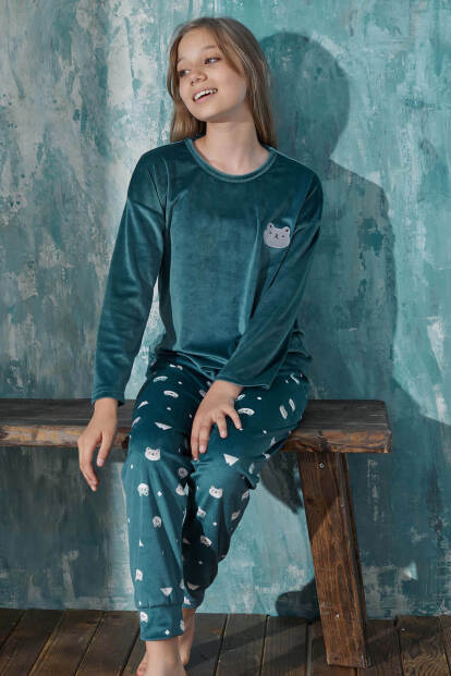 Petrol Rabbit Desenli Exclusive Kadife Kız Çocuk Pijama Takımı  - 7