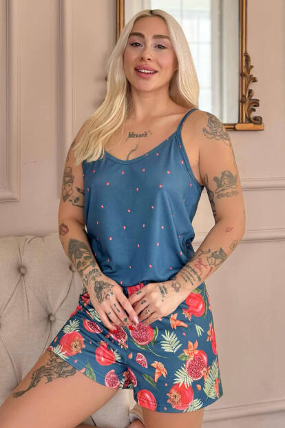 Petrol Tropik Desenli İp Askılı Şortlu Kadın Pijama Takımı - 6