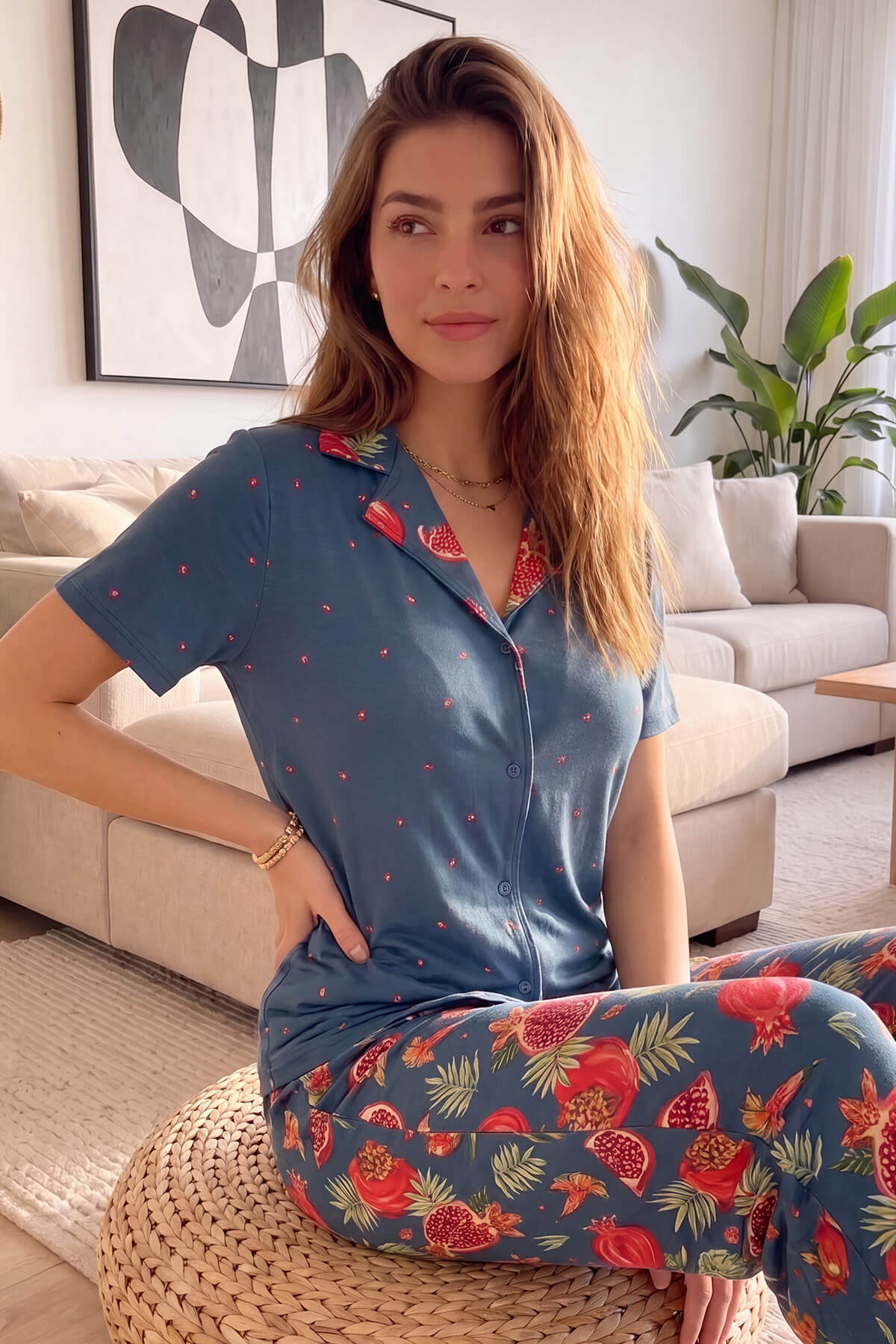 Petrol Tropik Desenli Kısa Kol Önden Düğmeli Kadın Pijama Takımı - Pijamaevi