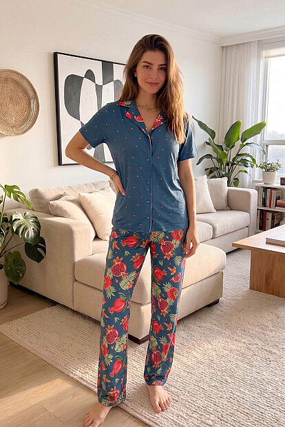 Petrol Tropik Desenli Kısa Kol Önden Düğmeli Kadın Pijama Takımı - 7