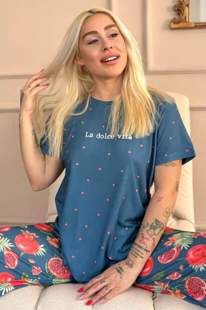 Petrol Vita Desenli Örme Kısa Kol Kadın Pijama Takımı - 7