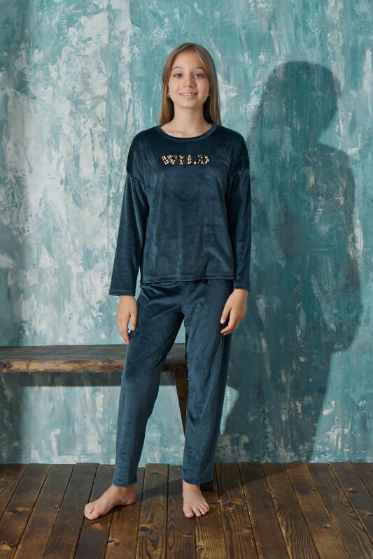 Petrol Wild Desenli Exclusive Kadife Kız Çocuk Pijama Takımı  - Pijamaevi (1)