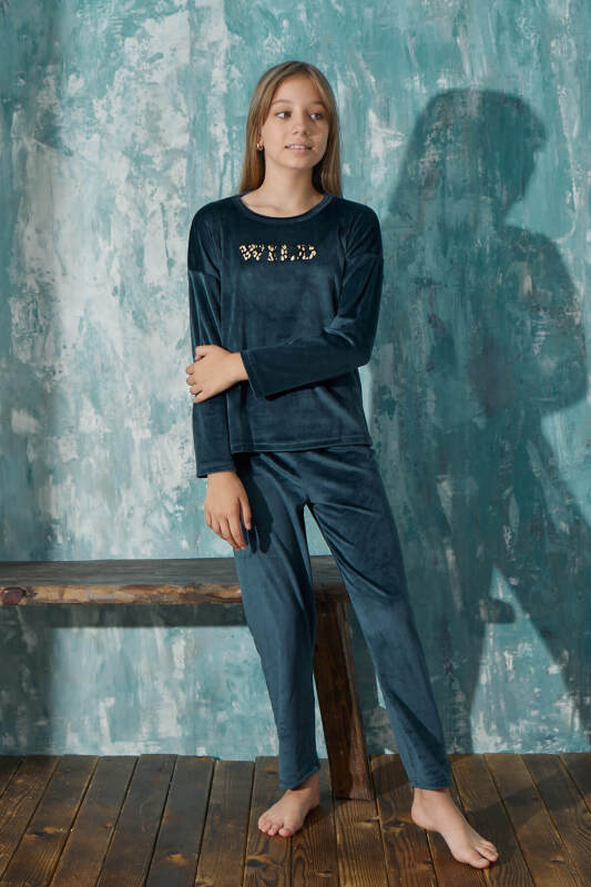 Petrol Wild Desenli Exclusive Kadife Kız Çocuk Pijama Takımı  - Pijamaevi (2)