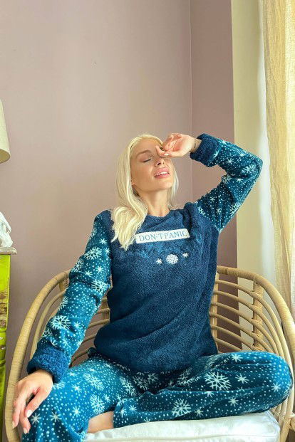Petrol Yeşili Dont Panic Desenli Kadın Peluş Pijama Takımı - 2
