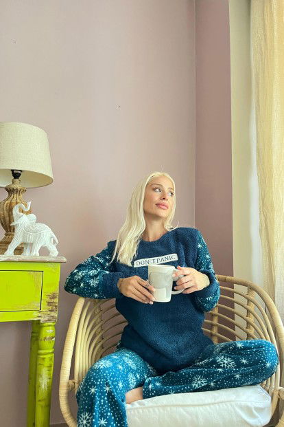 Petrol Yeşili Dont Panic Desenli Kadın Peluş Pijama Takımı - 3