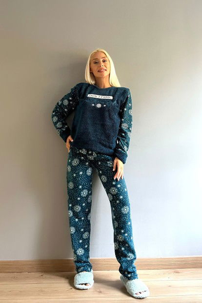 Petrol Yeşili Dont Panic Desenli Kadın Peluş Pijama Takımı - 4