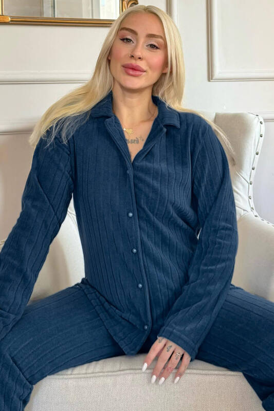 Petrol Yeşili Düz Önden Düğmeli Peluş Polar Pijama Takımı - Pijamaevi