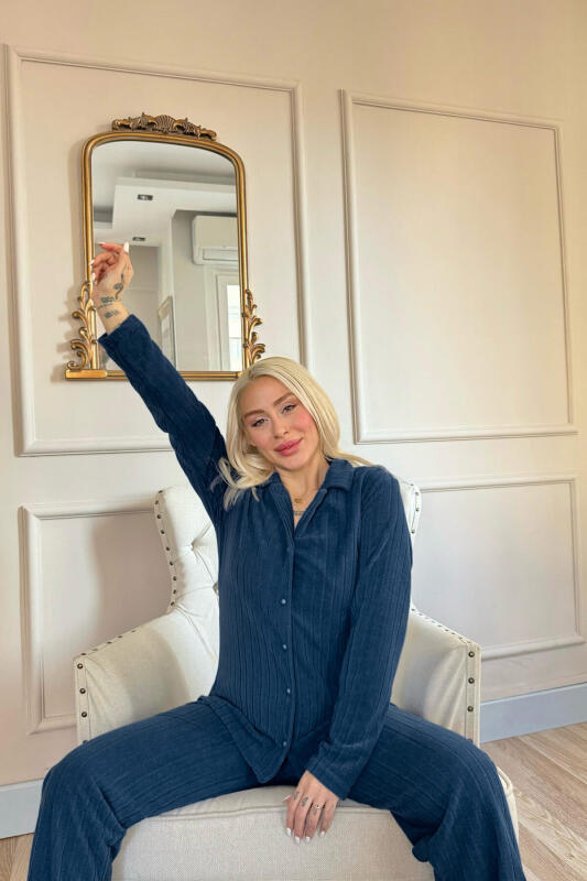 Petrol Yeşili Düz Önden Düğmeli Peluş Polar Pijama Takımı - Pijamaevi (3)