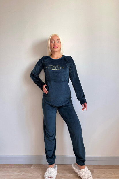 Petrol Yeşili Whatever Desenli Exclusive Kadife Kadın Pijama Takımı  - 5